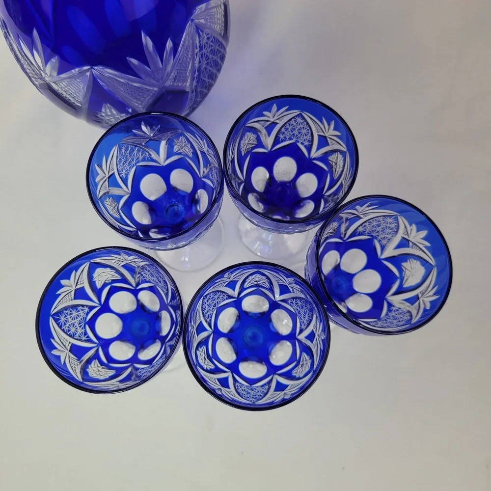 Vintage Bohemian Cobalt Blue Cut to Clear Crystal Decanter 5 Cordial Glasses Set